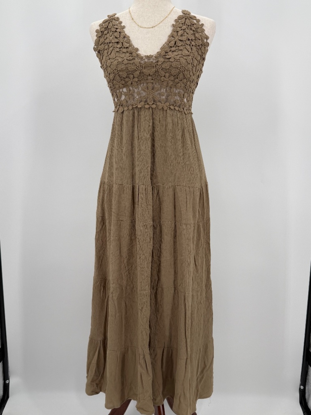 La Miel Boho Crochet Lace Tiered Maxi Dress Brown Crinkle Cottagecore Festival S
